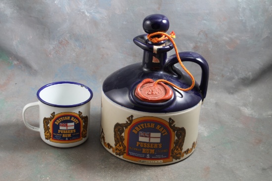 British Navy Pusser's Rum Decanter with Matching Enamel Cup by James Catto &