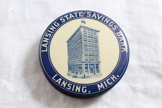 Vintage Celluloid Advertising Bank Lansing State Savings Bank Michigan 4% Int.