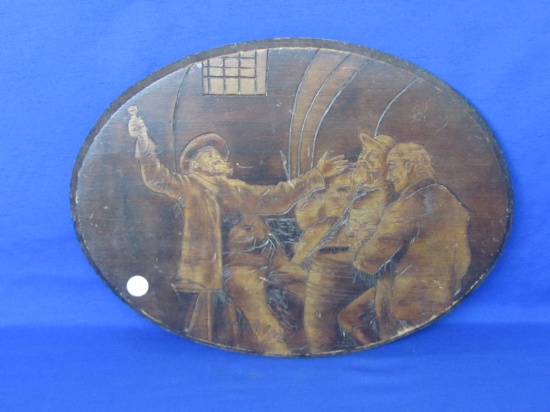 Vintage Pyrography Oval Wood Picture – Guys Having a Drink