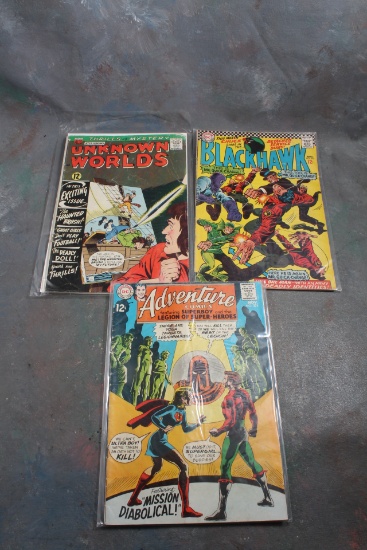 Lot of 3 12 Cent Comic Books DC Blackhawk, DC SuperBoy Adventure & ACG Unknown Worlds