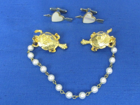 Fun Sweater Guard w Faux Pearls & Turtle Clasps + Cufflinks with an Arrow through the Heart