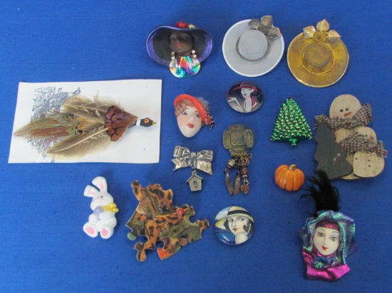 Lot of Novelty Pins/Brooches: Some Handmade – Variety of Styles & Materials