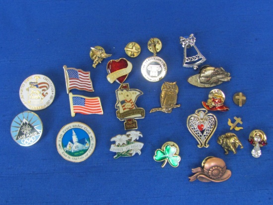 Mixed Lot of Tack/Small Pins: Religious, Patriotic, Souvenir, Owl & more