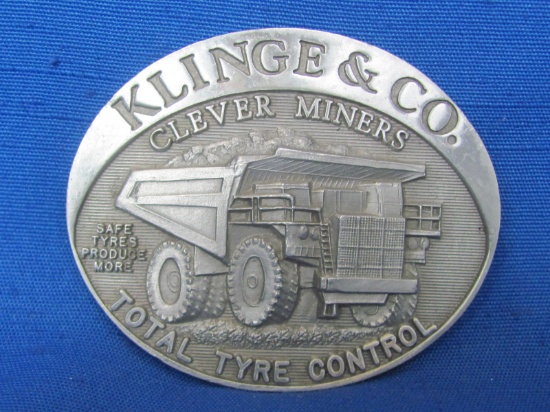 Pewter Belt buckle “Klinge & Co. Clever Miners Total Tyre Control” 2 3/4” wide