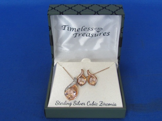 Sterling Silver & Cubic Zirconia Necklace & Earrings – Has a Rose Gold Look