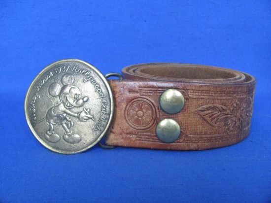 Tooled Leather Belt with Brass Buckle “Mickey Mouse 1937 Hollywood Cal. USA”