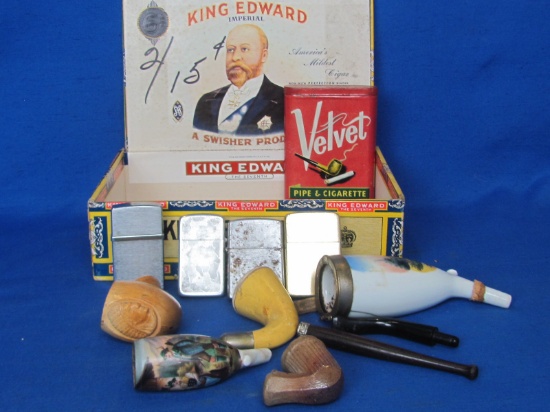 Parts of Smoking Pipes, 4 Lighters, Velvet Tobacco Tin all in Cigar Box