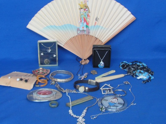 Mixed Lot of Jewelry/Misc: Avon Necklace, Rhinestones, Rosaries, Hoody Doody Key Chain