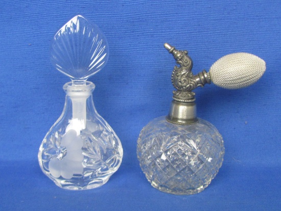 2 Glass Perfume Bottles, 1 w Stopper, 1 w Atomizer – About 5 1/2” tall