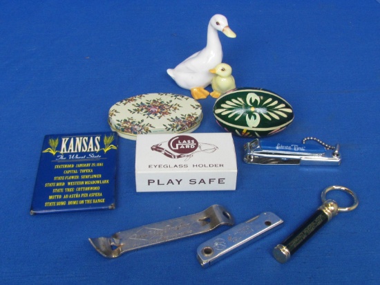 Misc Lot: Grain Belt Beer Opener, Key Glass Holder, Key Chain, Wood Egg & more