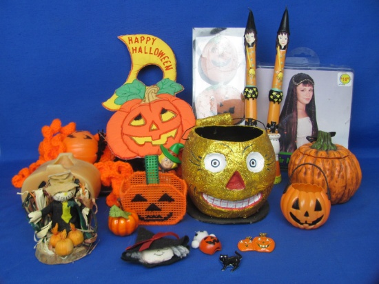 Large Lot of Halloween Items: Paper Mache Basket, Pumpkins, Wig & more