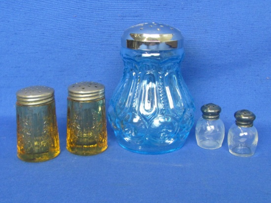 Shakers: Blue Moon & Stars Sugar by Smith, Amber Sharon by Federal Glass, Etched Pair