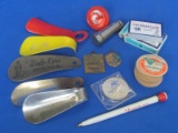 Mixed Lot of Advertising: Frenn's Dairy Red Wing, MN Milk Bottle Tops, Shoe Horns, Dime Bank