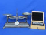 Vintage Balance Scale w Cast Iron Base plus Boxed Set of Newer Weights