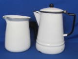 White Enamel Coffee Pot & Pitcher – Black Trim – No insides – Taller is 8 1/2”