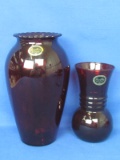 2 Royal Ruby Glass Vases by Anchor Hocking – Both have Original Stickers – Taller is 9”