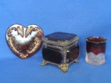 Vintage Ruby Flash Trinket Box, Heart Shaped Lid to Trinket Box & Toothpick Holder