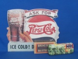 Advertising: Cardboard Pepsi- Cola Sign & Empty Lionel Trains Watch Tin – Sign is 11” x 9”