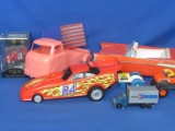 Mixed Lot: Tonka Race Car 1993, Elgin Firetruck Mini Clock, Plastic Cars, Cardboard Car