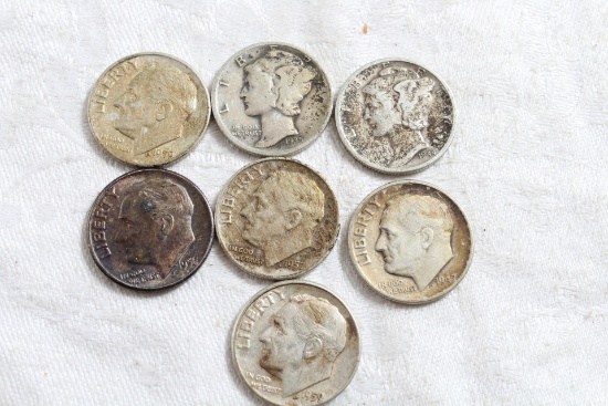 7 Vintage Mercury & Franklin Roosevelt Silver Dimes