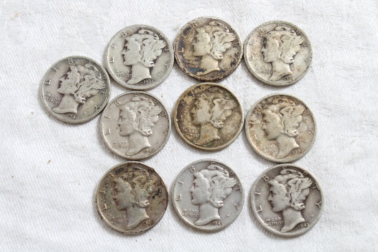 10 Vintage Mercury Silver Dimes