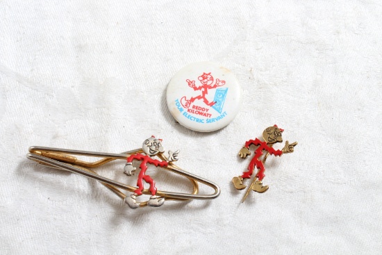 2 Vintage Reddy Kilowatt Pins and 1 Reddy Killowatt Tie Clasp