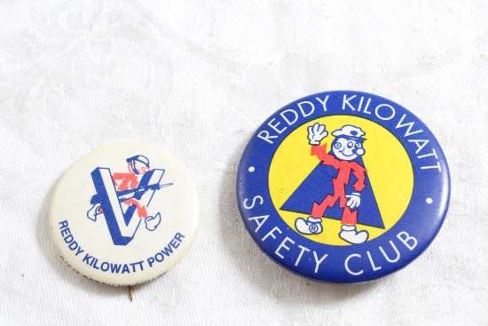 2 1942 & Vtg. Reddy Kilowatt Advertising Celluloid Pins 1 1/4" & 1 3/4" Safety Club