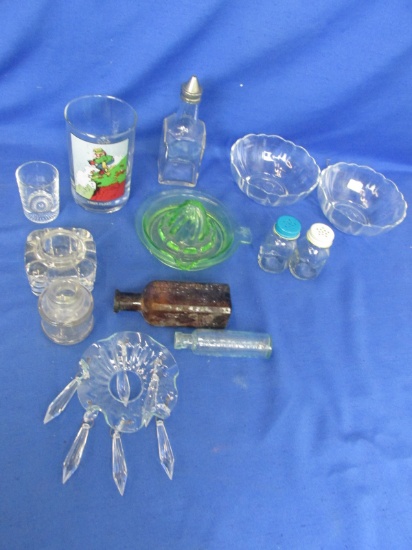 Glass Lot: Some chipped: Vaseline Glass Juicer, 2 antique medicine bottles 4” T,