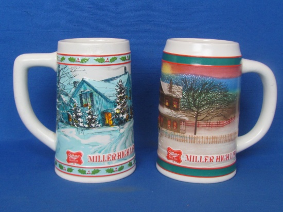 2 Beer Steins – Holiday  Scenes – Miller High Life – Each Appx 6” T