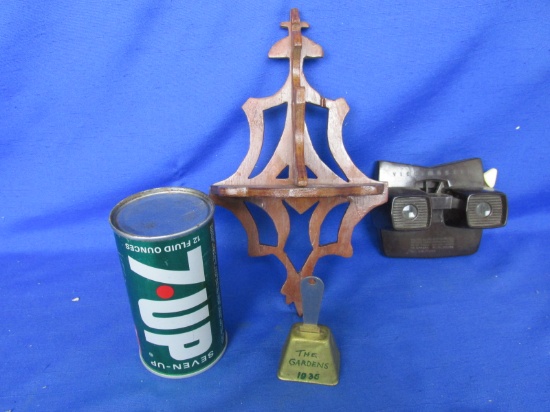 Assorted Stuff: Viewmaster Viewer (brown), Bell, 7-Up Can (dummy) & Wood Shelf 8” T