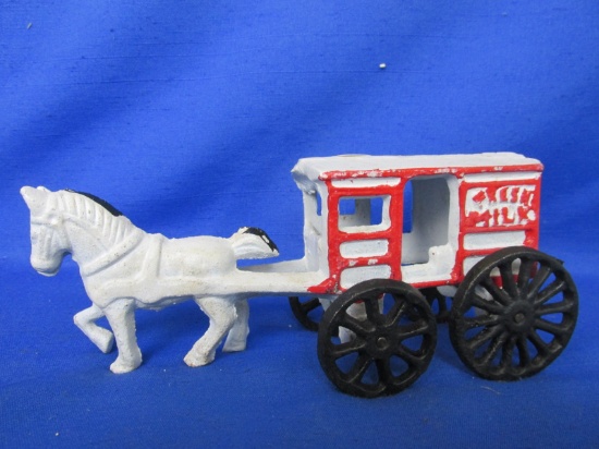 Cast Iron Toy – Painted – Horse & Milk Wagon