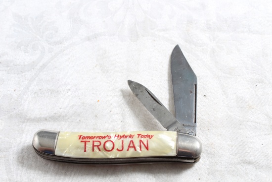 Vintage Mother of Pearl Handle Trojan Advertising Pocket Knife