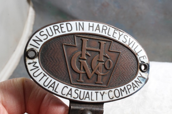 Vintage Harleysville Mutual Casualty Company License Plate Topper Enamel and