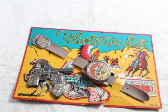1960's Western Set Made in Japan New/Old Stock on Package Watch & Badge