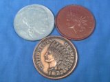 Three large key date facsimile coasters(?) - 2 1877 Indian Head Pennies, 1913 Buffalo Nickel