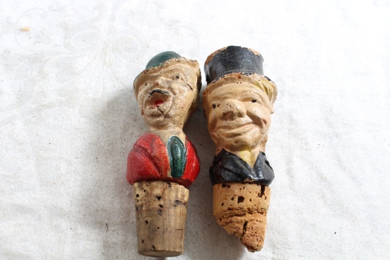 2 Antique Composite Figural Wine Bottle Cork Stoppers