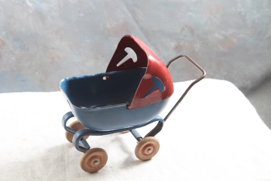 Vintage Pressed Steel Baby Buggy with Wooden Wheels USA