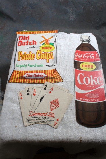 3 Vintage Cardboard Advertising Items Diamond Lils Hotel, Coke & Old Dutch