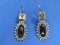 Pair of Sterling Silver Earrings with Onyx & Topaz? - Hang 1 3/4” - Marked TJT