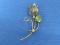 Vintage Sterling Silver Flower Pin w Green Stone – 2” long – 3.6 grams
