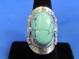 Large Sterling Silver Ring w Turquoise – Size 8.25 – 35mm long – 19.0 grams