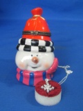 Ceramic Snowman Trinket Box with Sterling Silver Snowflake Pendant & 16” Chain – 3 3/2” tall