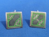 Sterling Silver Cufflinks – Engraved Design w Green – Made in Mexico – 10.6 grams