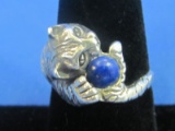 Sterling Silver Cat/Tiger w Blue Ball Ring – Size 7.75 – Weight is 5.3 grams