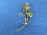 Vintage Sterling Silver Flower Pin w Green Stone – 2” long – 3.6 grams