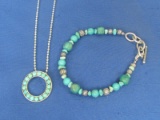 Round Sterling Pendant w Turquoise on 25” Chain plus Turquoises Bracelet w Toggle Clasp