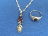 Sterling Pendant w Red Stone on 18” Sterling Chain & Ring size 6.5 – Total weight is 9.0 grams