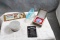 Misc. Lot 2 Glass Shoes, Metal Expanding Cup, Oriental Rouge in Box, Magnet,
