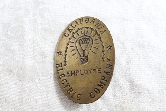 Vintage Brass California Electric Company Employee ID Badge 2 1/2" x 1 3/4"