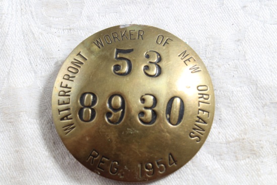 1954 Brass Waterfront Worker of New Orleans Employee ID Badge 2" Diameter